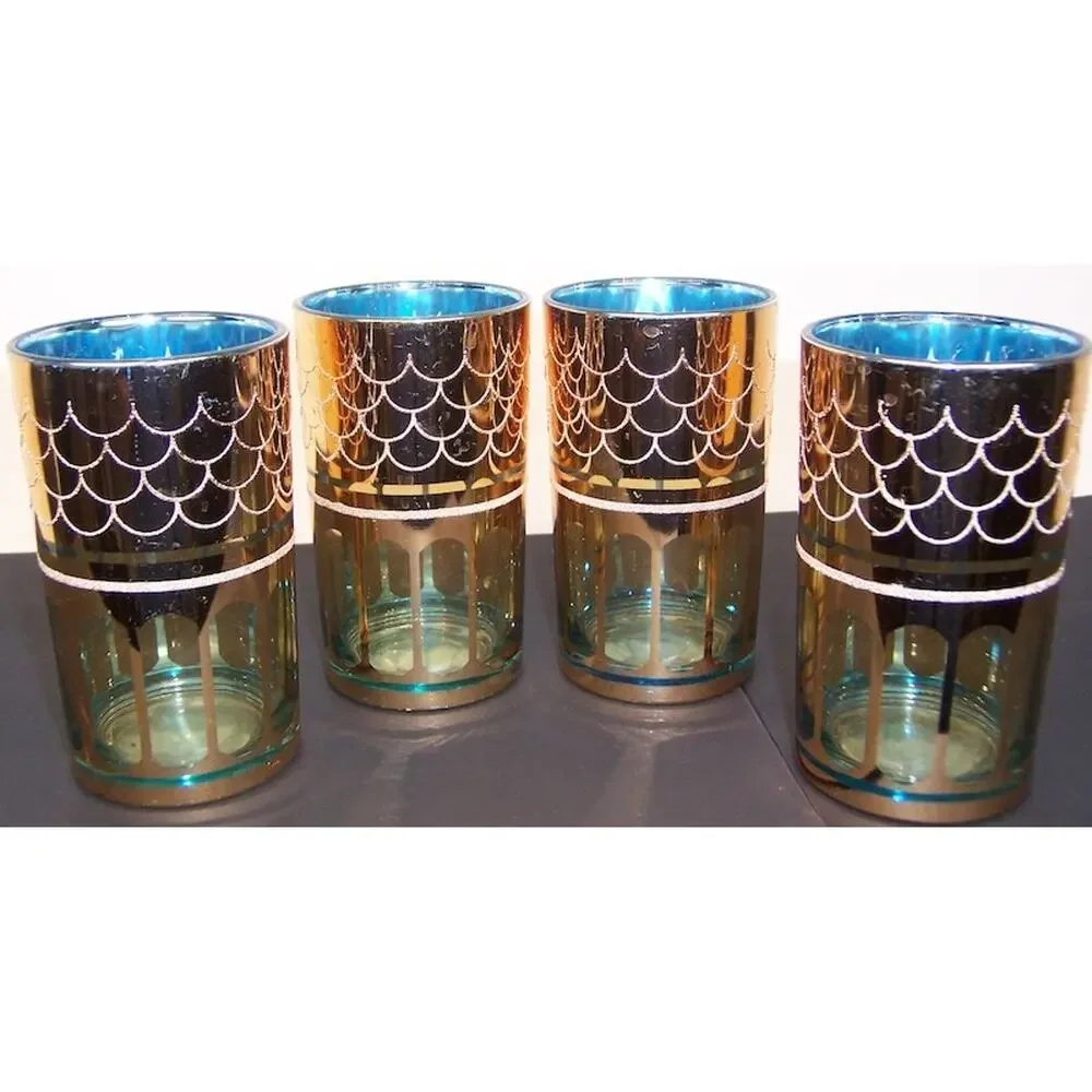 Vintage MCM 8pc Curated 6 oz Bar Glass Set Made in Korea with Wire Caddy
